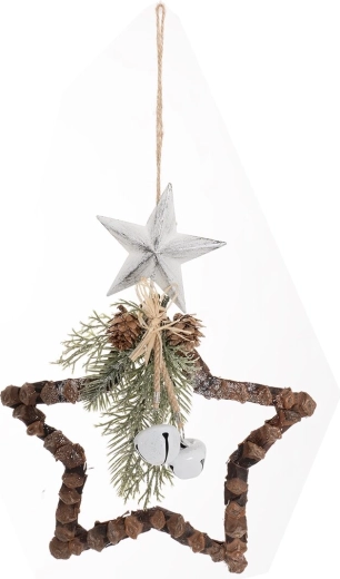 Hanging Christmas star decoration with pine and jingle bells