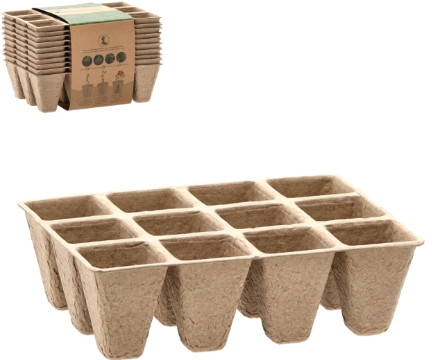 Komplekts ar 10 kūdras stādu paplātēm ar podiņiem 15,5 × 11,5 × 5 cm