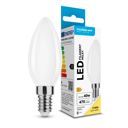LED spuldze Modee Filament Milky Candle C35 4 W E14, 430 lm, silti balta