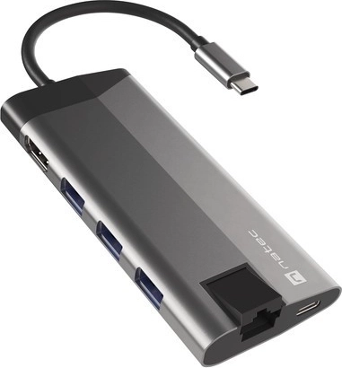 USB‑C centrmezgls NATEC Fowler Plus 8 vienā, 3× USB 3.0, HDMI 4K, RJ‑45, SD/microSD, PD 100 W