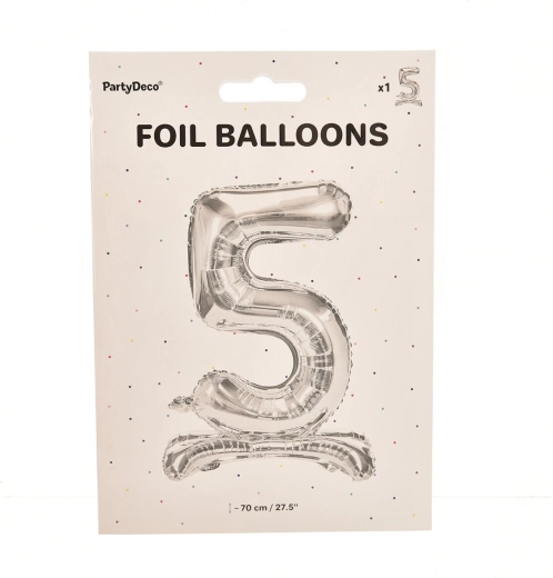 Stāvošs folijas balons cipars 5, sudraba krāsā, 70 cm