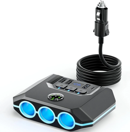 RENEW FORCE cigarešu aizdedzinātāja sadalītājs, 120 W, ar 3 ligzdām, USB QC 3.0 un USB-C PD