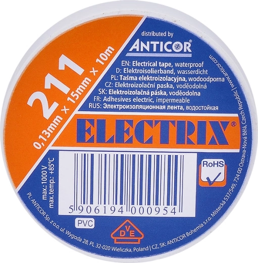 Solight balta elektriskā izolācijas lente 15 mm x 0,13 mm x 10 m