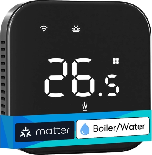 Meross viedais Wi‑Fi termostats ūdens apkurei ar Matter, melns