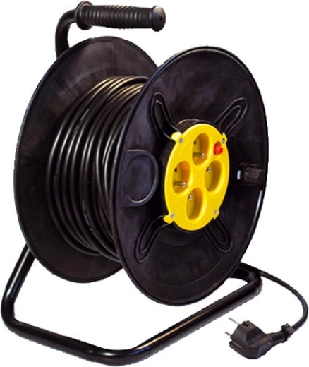 Reel extension cable 25 m, 4 sockets, 3×1.5 mm², black/yellow