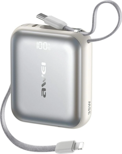 Ārējā baterija AWEI AS-181 10000 mAh, 35 W, ar iebūvētiem Lightning un USB‑C kabeļiem, sudraba krāsā
