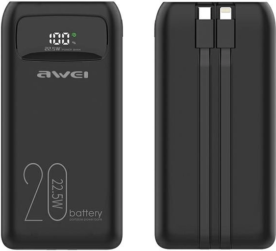 Powerbanka 20000 mAh Awei P169K ar ātro uzlādi 22,5 W un LCD displeju