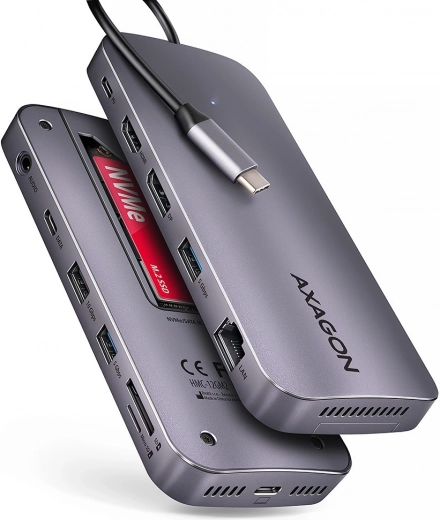 Axagon HMC-12GM2 USB-C centrmezgls 12-vienā ar M.2 NVMe/SATA, 10 Gb/s, HDMI/DP 4K 60 Hz, GLAN, SD/microSD, audio, PD 100 W