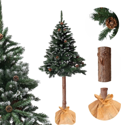 Mākslīgā Ziemassvētku eglīte uz stumbra 150 cm, dimanta priede ar čiekuriem, apsnigota
