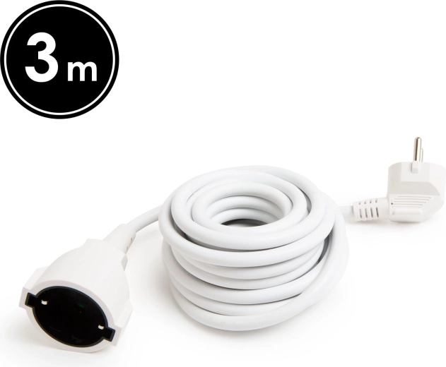 White extension cable with grounding, 3 m