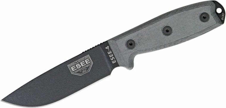 Universāls nazis ESEE 4 ar 11,4 cm asmeni, Micarta, melns/pelēks, MOLLE maksts