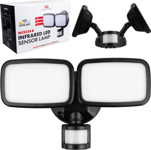 Sienas LED gaismeklis ar PIR sensoru 20 W, 1500 lm, IP65, neitrāli balta 4000 K, melna