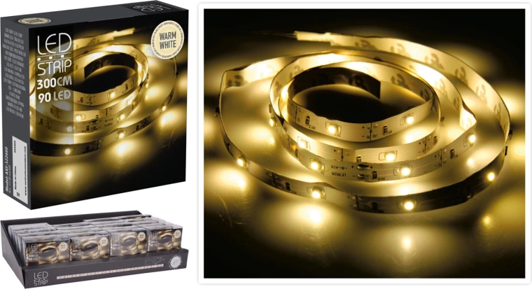 LED light strip 3 m, 90 LEDs, warm white, battery-powered