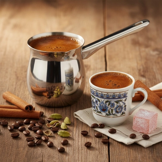 Traditional Turkish coffee preparation at home