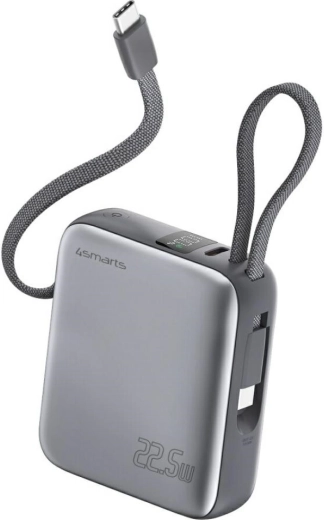 Powerbanka 4smarts Pocket Dual Cord 10000 mAh 22,5 W ar iebūvētu USB‑C kabeli, pelēka