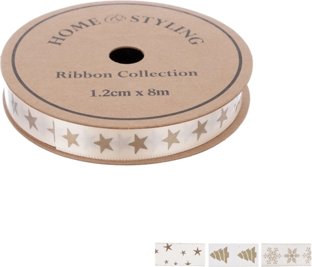 Home Styling Ziemassvētku dekoratīvā lente bēša ar zeltainu apdruku 1,2 cm x 8 m