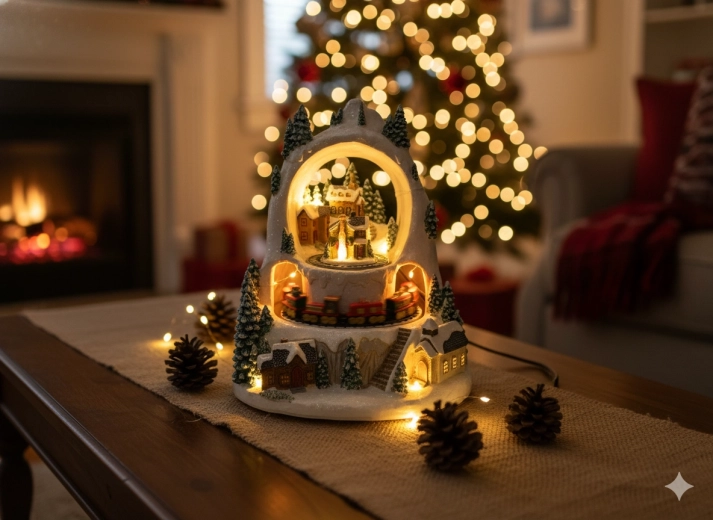 Ziemassvētku LED ziemas ciematiņš ar vilcieniņu, mūzikas lādīte 23 × 23 × 25,5 cm