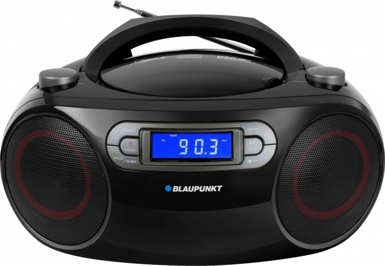 Pārnēsājams boombox ar FM, CD/MP3, USB, AUX, pulksteni un modinātāju
