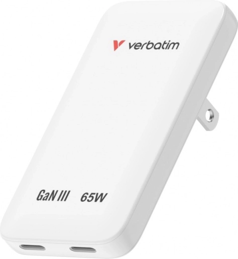 Verbatim Essentials slim GaN lādētājs 65 W, 2× USB‑C, balts (US/UK/EU)