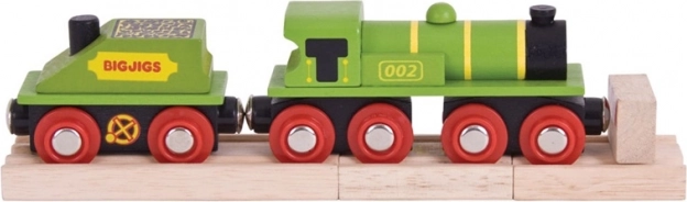 Bigjigs Rail zaļa lokomotīve ar tenderi un sliedēm