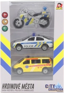 City Collection komplekts: policijas motocikls, policijas auto un ātrā palīdzība ar gaismu un skaņu