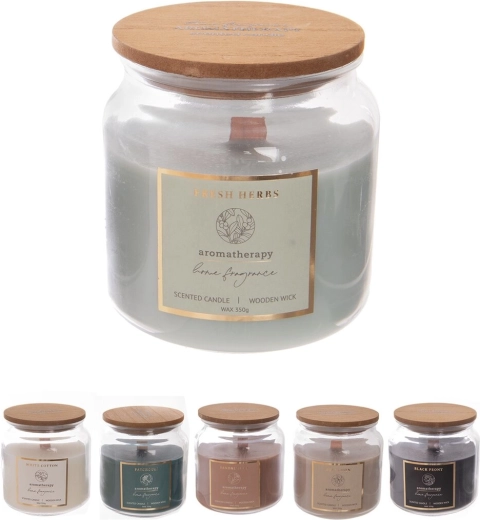 Aromātiskā svece stikla traukā ar koka dakti 350 g (6 aromātu mikss)