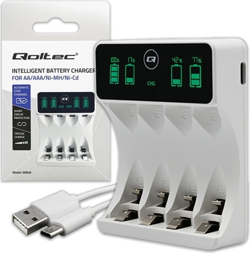Ni-MH AA/AAA akumulatoru lādētājs ar LCD un USB‑C kabeli, balts