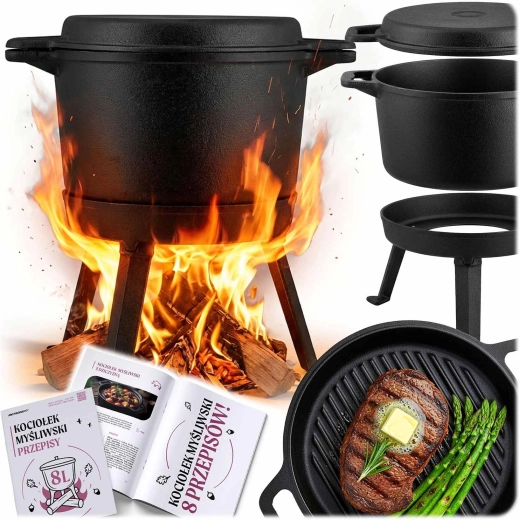 Dzelzs kempinga katls 8 l ar grilēšanas vāku un statīvu
