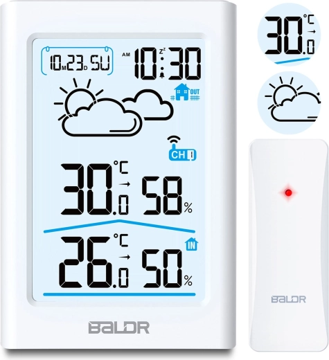 White wireless weather station with LCD display and hygrometer