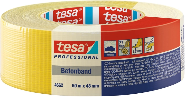 Tekstila lente TESA Betonband 48 mm × 50 m dzeltena, īpaši lipīga, UV izturīga 2 nedēļas