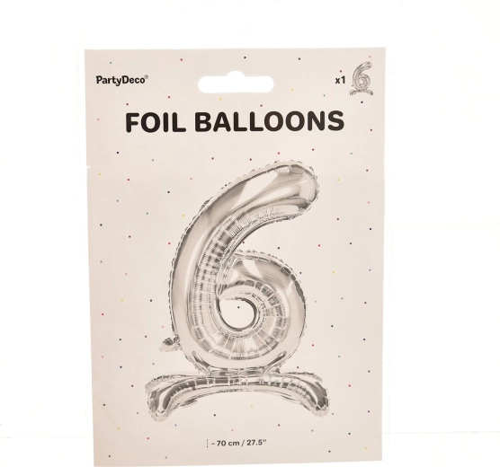 Stāvošs folijas balons cipars 6, sudrabs 70 cm
