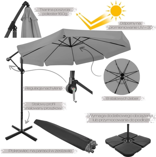 Salokāms dārza saulessargs 350 cm XXL, grafīta krāsā, ar 8 spieķiem un pārsegu