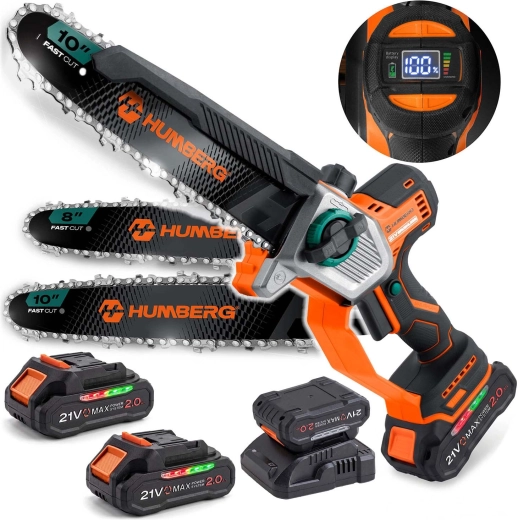 Akumulatora ķēdes zāģis Humberg HM-437 ar 2× 21 V 2,0 Ah baterijām, 10" un 8" sliedi