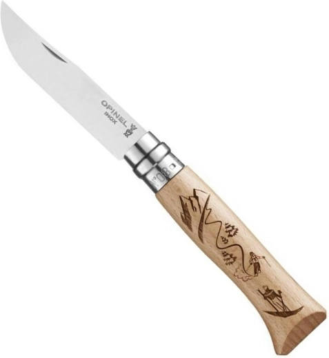 Opinel N°8 kabatas nazis ar gravējumu Ski, dižskābarža koks, 8,5 cm