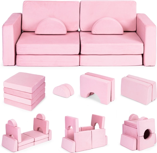 Folding Modular Children’s Sofa for 2 Kids, 10 Cushions ECOTOYS – pink