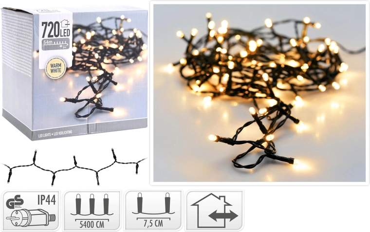 Christmas LED light chain 54 m 720 LED warm white on green wire IP44