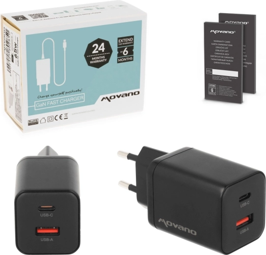 Movano GaN 45 W tīkla lādētājs USB-C PD + USB-A melns