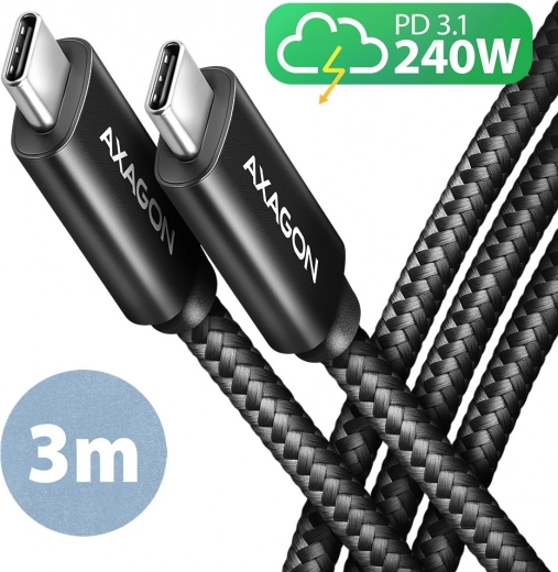 USB‑C kabelis 3 m 240 W PD ar neilona pinumu AXAGON