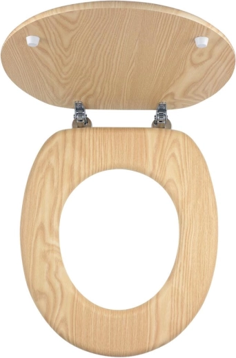 Ash-veneer MDF toilet seat with chrome handles