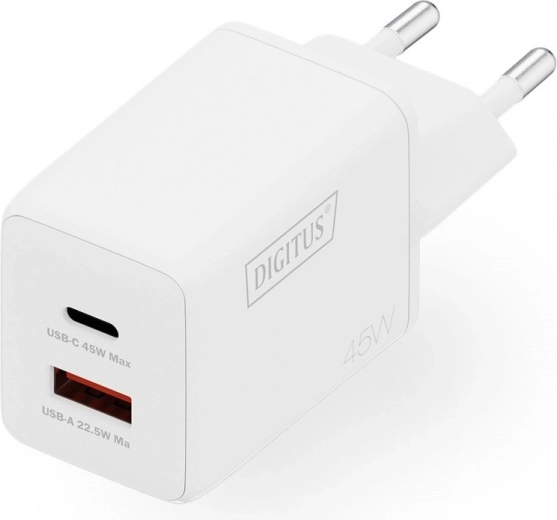 Kompakts GaN II tīkla lādētājs 45 W, 1× USB‑C un 1× USB‑A, PD 3.0 un QC 3.0, balts