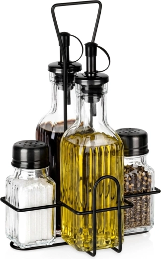 Vilde table set of oil and vinegar bottles with salt and pepper shakers in a stand, 5 pcs