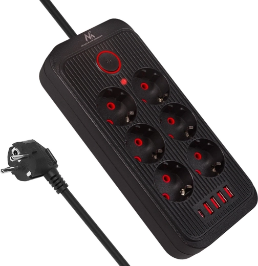 Melna pagarinātājrozete 6x Schuko ar 4x USB‑A un 1x USB‑C, 2500 W