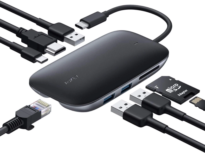 Aukey USB‑C centrmezgls 8 vienā ar HDMI 4K, Gigabit Ethernet un Power Delivery 100 W