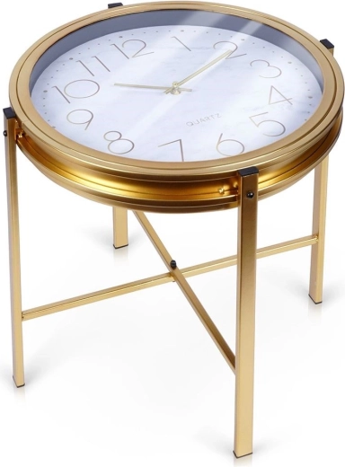 Golden metal coffee table with built-in clock 42 × 40 cm