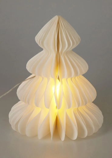 Spīdoša papīra eglīte ar taimeri 28 cm, silti balta