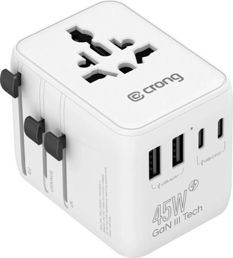 Ceļojumu adapteris un GaN 45 W lādētājs ar USB‑C/USB‑A (UK/EU/US/AU), balts – 1 gab.