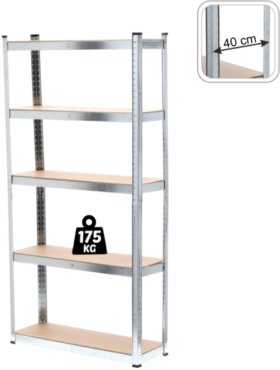 Piecu plauktu metāla plaukts 180 × 90 × 40 cm, plaukta slodze 175 kg