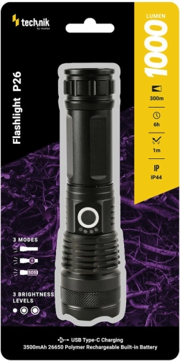 Uzlādējama lukturīte Technik MT-P26 ar USB‑C, tālummaiņu un SOS/stroboskopa funkcijām