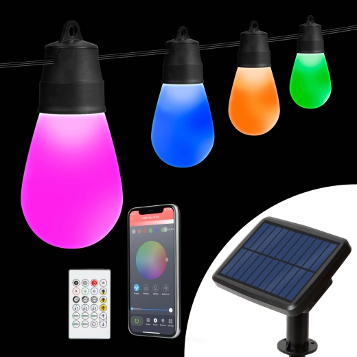 Saules enerģijas gaismas virtene ar 15 RGBIC LED spuldzītēm, 6,5 m, Bluetooth
