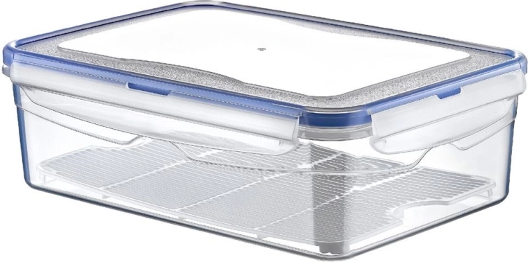 Plastmasas pārtikas trauks ar vāku un blīvējumu ar notecināšanas režģi 2,6 l